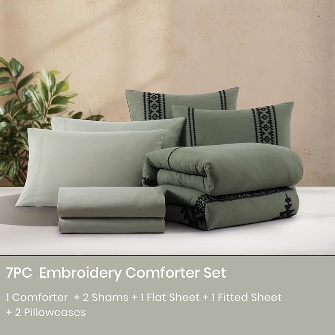 MaiRêve California King Comforter Set Olive Green, Embroidery Western Bedding Set Boho 7 Pieces, Farmhouse All-Season Bed in A Bag with Sheets, Pillowcases & Shams