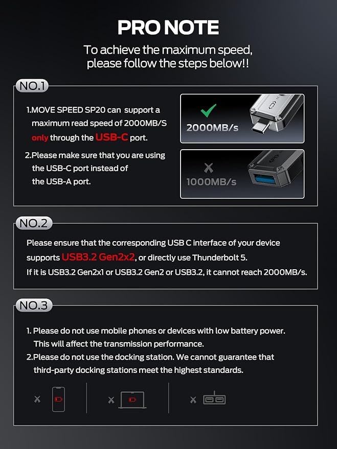 MOVE SPEED 256GB USB Drive, 2000MB/s TLC Reliable Transfer Portable SSD with USB 3.2 Gen2x2 + Type C, Cool USB Drive for Phone/Windows/Mac (SP20)