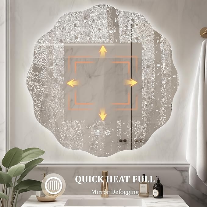 WallBeyond LED Bathroom Mirror with Lights, 28'' Wavy Round Light Up Bathroom Mirror, Anti Fog Led Mirror for Bathroom, 3 Colors and Dimmable Light