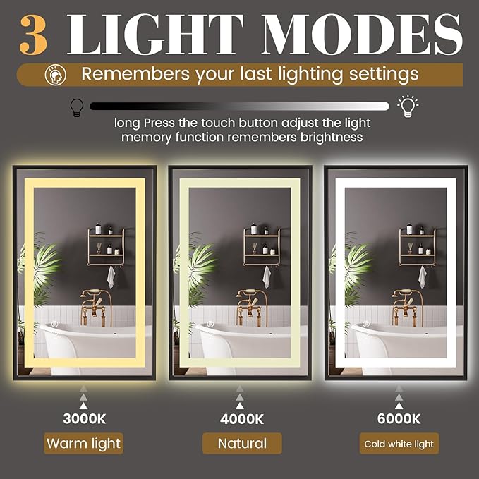 LED Bathroom Mirror,24"x36" Mirror with Black Frame, Front Light and Backlit, Stepless Dimmable, Anti-Fog, Shatter-Proof, Memory, 3 Colors, Double LED Vanity Mirror