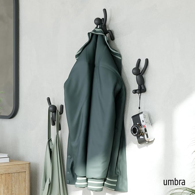 Umbra Buddy Wall Hooks – Decorative Wall Mounted Coat Hooks for Hanging Coats, Scarves, Bags, Purses, Backpacks, Towels and More, Set of 3, Black
