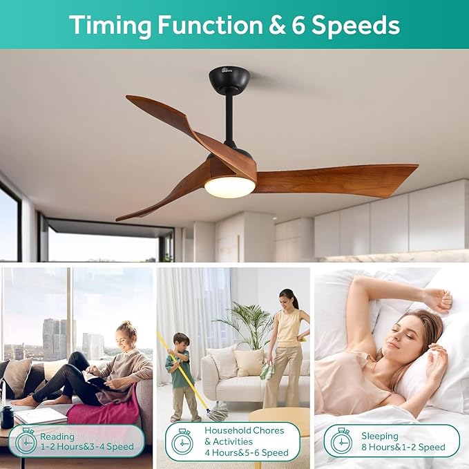 Sofucor 52 Inch Ceiling Fans with Lights, Solid Wood Indoor/Outdoor Ceiling Fan with Remote, Reversible DC Motor, 3 Blade Modern Ceiling Fan Light, Low Profile Ceiling Fans for Bedroom Patio Kitchen