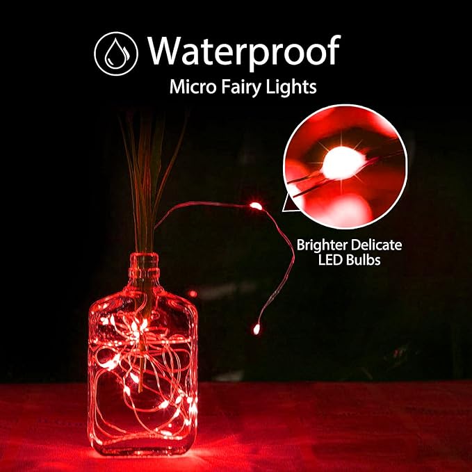 Homemory Red Halloween Fairy Lights Battery Operated with Remote, 2 Pack 33 Ft 100 LED Christmas String Lights, Waterproof 8 Modes Firefly Twinkle Silver Wire Lights for Bedroom Decor