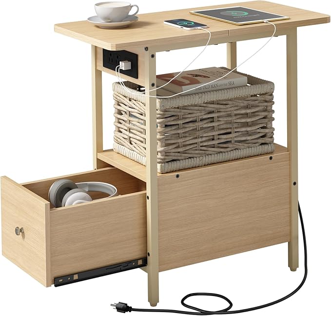 LIDYUK End Table with Charging Station, Narrow Side Table with Drawer and USB Ports & Power Outlets, Nightstand Bedside Tables for Small Spaces, Bedroom, Living Room, Natural