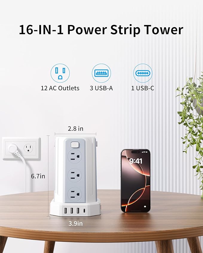 Power Strip Surge Protector, 16.4 Ft Extension Cord with 12 AC Multiple Outlets 4 USB (1 USB C), SMALLRT Power Tower Desktop Charging Station