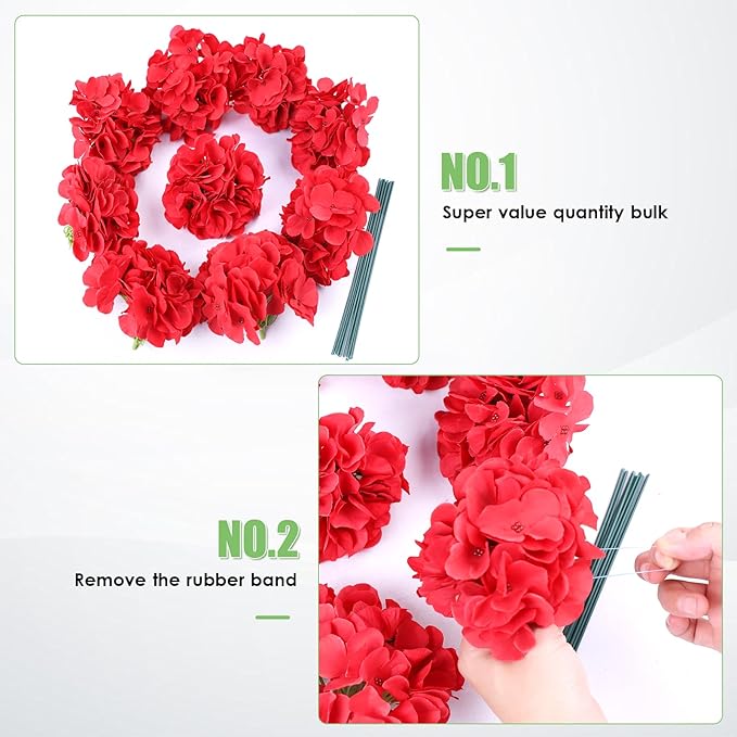 AVIVIHO 65pcs Fake Flowers Red Hydrangea Artificial Flowers Bulk (Not Squished, No Steaming Need) Fake Hydrangeas Silk Flowers with Stems for Party Home,Indoor or Outdoor, DIY Florals Decorations