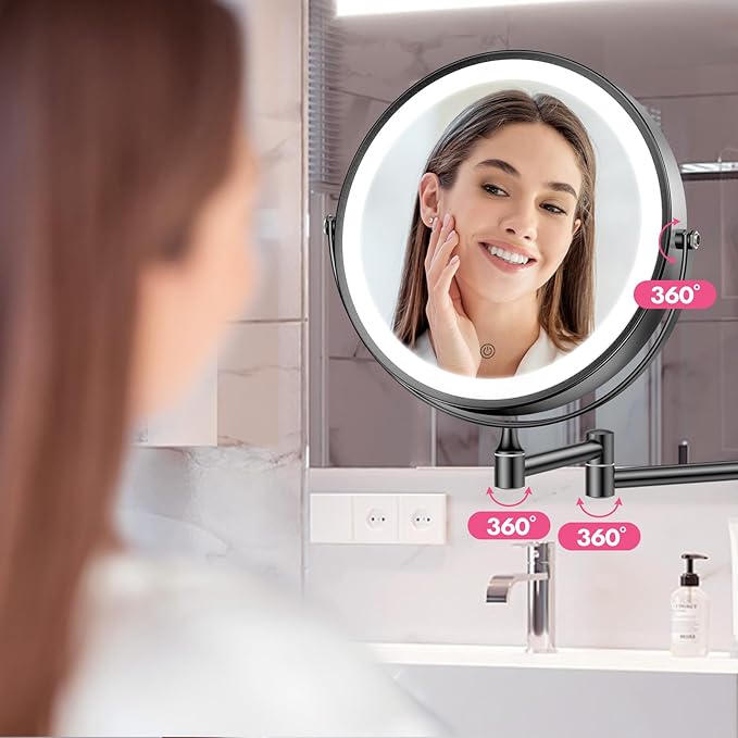 FASCINATE Rechargeable Wall Mounted Makeup Mirror with Lights and Magnification, 8 Inch Double Sided 1X 10X Magnifying Bathroom Mirror with 3 Color Lights & 360° Rotation Vanity Mirror - Black