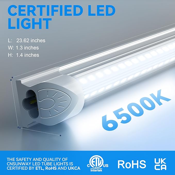 CNSUNWAY LED Shop Lights 2FT, (6 Pack) 20W High-Efficiency Under Cabinet Lighting (6500K Cool White), V-Shaped Linkable T8 Tube Light Fixtures – Shop Light for Workbench, Kitchen, Workshop, ETL Listed