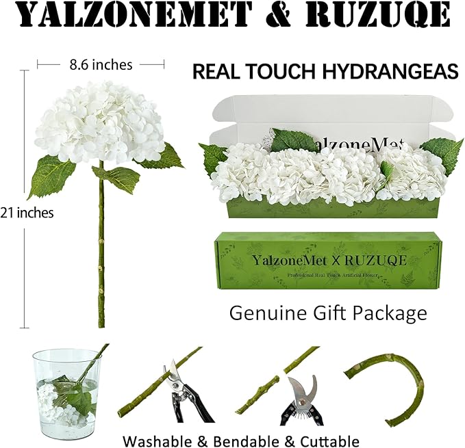 YalzoneMet 4Pcs Real Touch Hydrangea White Artificial Flowers 21'' Faux Latex Big Hydrangea Flowers for Wedding Table Centerpieces Fake Flowers for Party Home Kitchen Living Room Decor