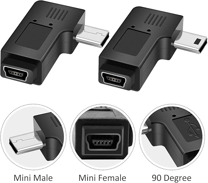 UCEC USB 2.0 Adapter Plug, Mini USB to Mini USB, Left and Right Angle Mini to Mini - Male to Female - Pack of 2