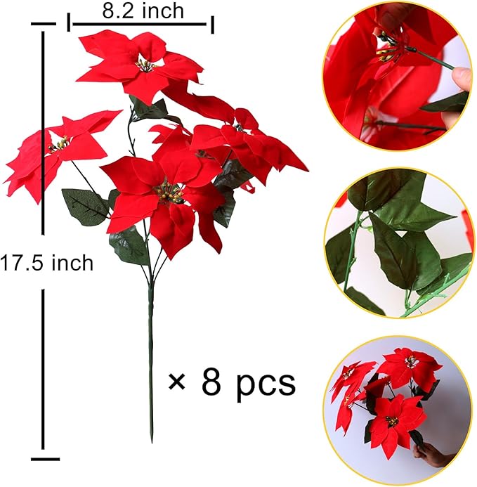 8 Pack Bulk Christmas Artificial Poinsettia Flowers Stem Bouquets Outdoors with 40pcs 8.2 Inch Red Poinsettia Flowers Heads for Christmas Tree, Xmas Garland, Vase, Window Box, Porch Decorations
