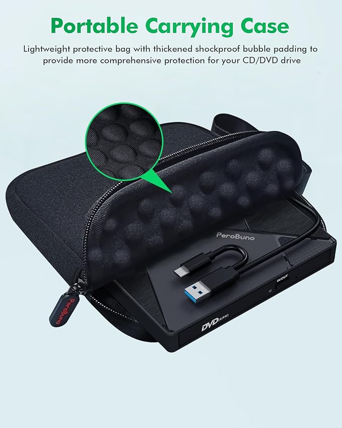 PeroBuno External CD DVD Drive, USB 3.0 Optical Disc Drive, 4 USB Ports and 2 TF/SD Card Slots, CD DVD Burner Writer Reader Player for Laptop MacBook PC Windows 11/10/8/7 Linux OS with Carrying Case