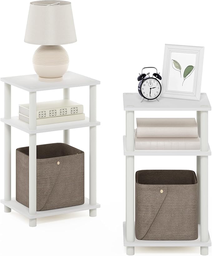 Furinno JUST Night Stand Set of 2, 3-Tier Turn-N-Tube Nightstand, Toolless Bedside Tables, End Table, Side Table with Open Storage for Bedroom, Living Room, Bathroom, White
