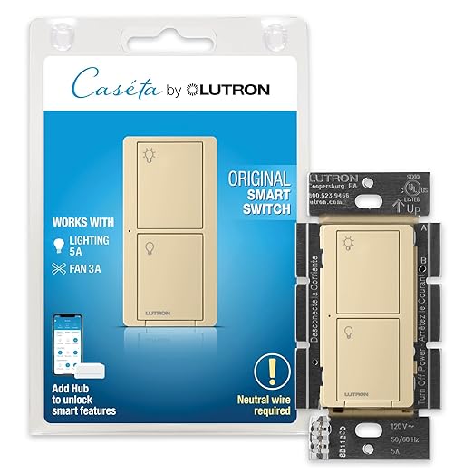 Lutron Caseta Original Smart Light Switch (Lutron Smart Hub Required), for Home, LED Lights, and Fans, 6 Amp, Single-Pole/3-Way, Neutral Required, PD-6ANS-IV, Ivory