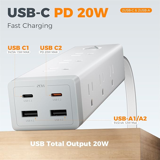 TESSAN Surge Protector Power Strip PD 20W, 10 FT Extension Cord with Multiple Outlets Flat Plug, 4 USB (2 USB C) and 9 AC Outlets, Multi Port Charging Station for Home Office Dorm Room Essentials