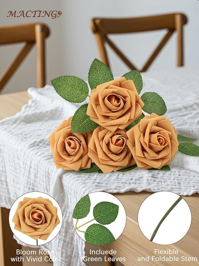 MACTING 60PCS Artificial Flower Roses Real Touch Fake Flowers with Stem Foam Roses for DIY Wedding Bridal Bouquet Table Centerpieces Party Wreath Home Fall Thanksgiving Decorations(Gold Yellow)