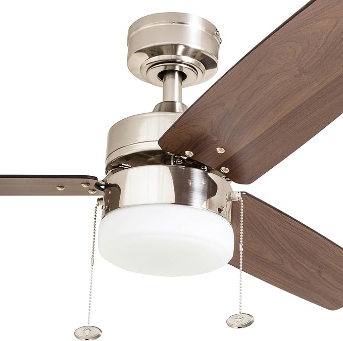 Prominence Home Reston, 42 Inch Modern Farmhouse LED Ceiling Fan with Light, Pull Chain, Dual Mounting Options, Dual Finish Blades, Reversible Motor - 51014-01 (Brushed Nickel)