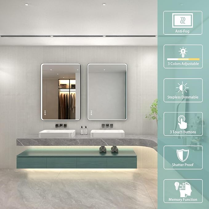 40x28 Inch LED Bathroom Mirror with Lights, Black Metal Framed LED Mirror for Bathroom, 3 Colors and Stepless Dimmable Wall Mounted Lighted Bathroom Vanity Mirror, Anti-Fog, Memory