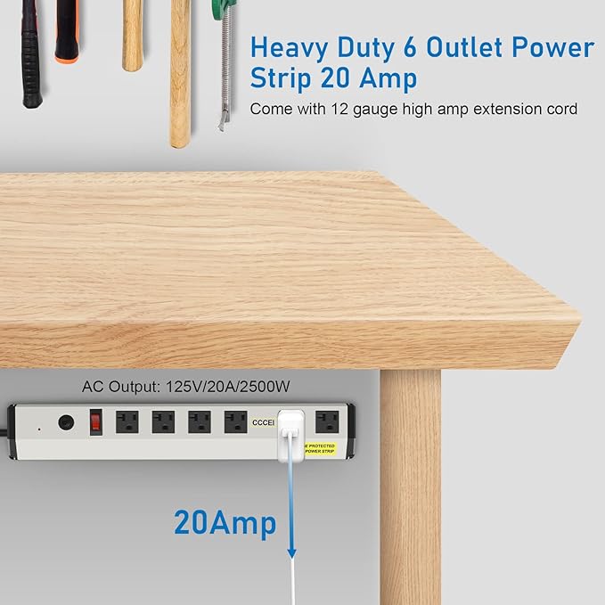 CCCEI Heavy Duty Power Strip Surge Protector 20 Amp, High Amp Industrial Shop Garage Metal Multiple Outlets, 12 FT 12 Gauge 5-15P Extension Cord 6 Outlet 6-20R T-Slot 20a for Appliance.