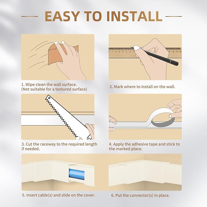 142in Beige Cord Hider, Delamu Beige Cord Covers for Wires on Wall, One-Cord Cable Hider, Wire Hider Wire Covers for Cords on Wall, Easy Set up Cable Cover Raceway, L15.7 W0.59 H0.4in