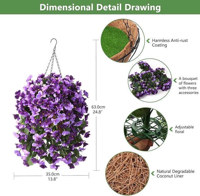 Artificial Fake Hanging Flowers Plants with Basket for Summer Outdoor Decoration,Faux Silk Begonia in Planter UV Resistant Look Real for Home Porch Yard Patio Balcony Decor