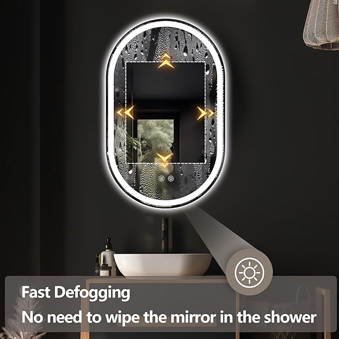 Niccy Oval LED Mirror for Bathroom, 48x30 Front Lit + Backlit Vanity Mirrors with Light Anti-Fog, Shatter-Proof, 3 Colors, Makeup Mirror with Black Frame (Horizontal/Vertical)