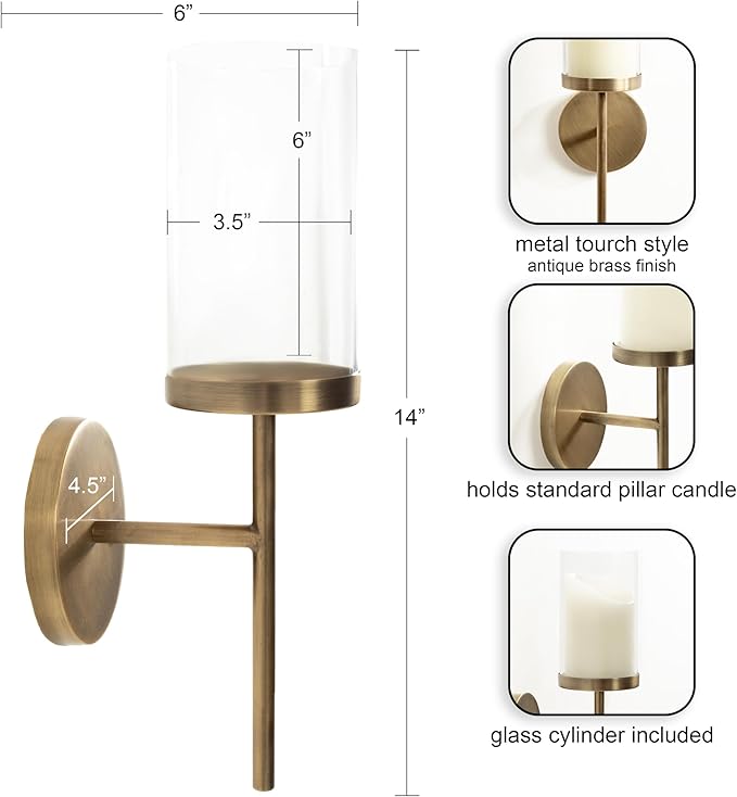 Kate and Laurel Blaise Transitional Metal Wall Sconce; 5 x 6 x 14; Antique Brass; Modern Round Candle Holder with Removable Glass Cylinder for Flameless Candles