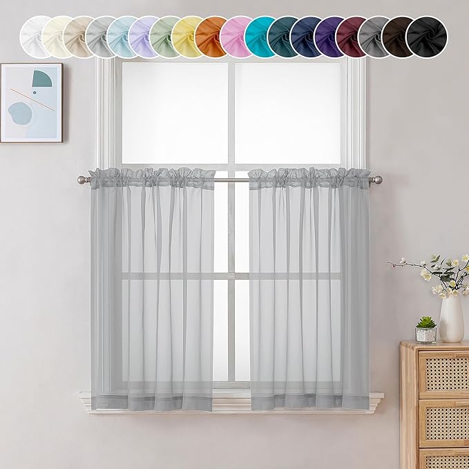 Chyhomenyc Light Grey Sheer Curtains 36 inch Length 2 Panels, Light Filtering Voile Rod Pocket Short Window Curtians for Bathroom Living Room Farmhouse Small Windows, 42Wx36L inches