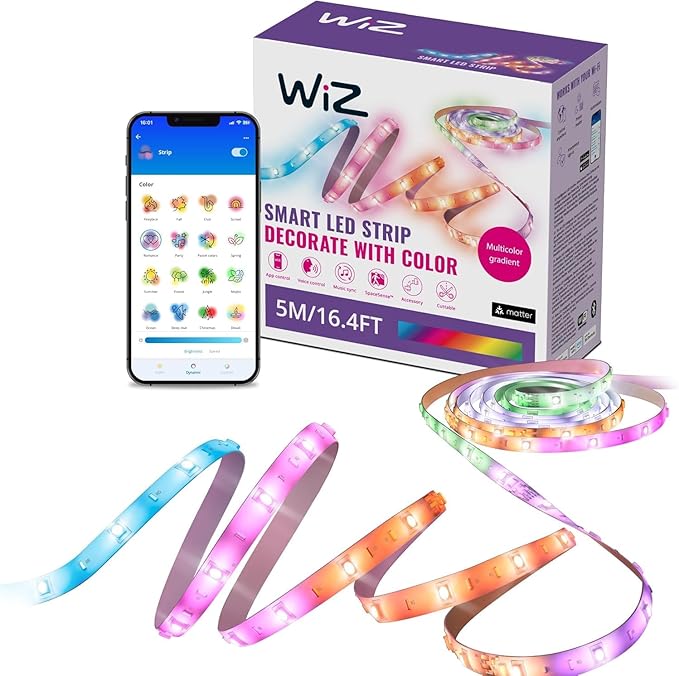 WiZ Connected 16.4 ft LED Light Strip For Your Smart Home, Flowing Multicolor LED Lights, Color-Changing RGBIC Lighting, Cuttable, Voice/App Control, Works with Google Home, Alexa and HomeKit
