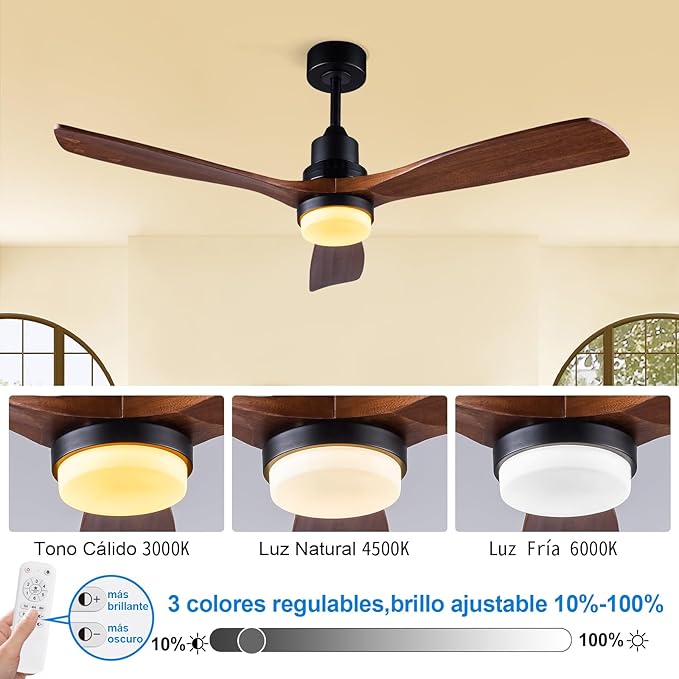 BOJUE 60 Inch Ceiling Fans with Lights and Remote Control, Dimmable LED Light,Quite DC Motor, Indoor Outdoor Wood Ceiling with 3 Blade Fan for Patio Living Room, Bedroom, Office, Summer House