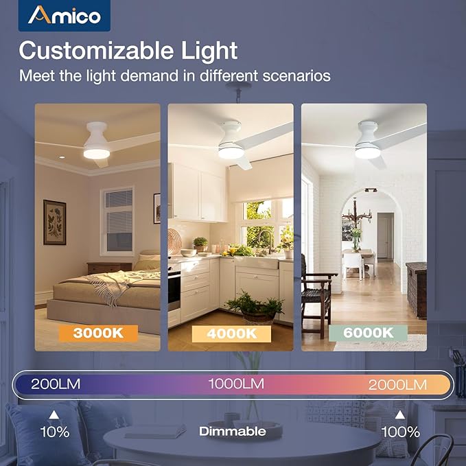 Amico Ceiling Fans with Lights, 52 inch Low Profile Ceiling fan with Light and Remote Control, Flush Mount, Reversible, 3CCT, Dimmable, Noiseless, White Ceiling Fan for Bedroom, Indoor/Outdoor Use