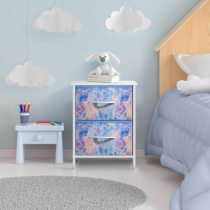 Sorbus Nightstand with 2 Drawers - Kids Bedside Furniture End Table Night Stand - Steel Frame, Wood Top & Easy Pull Fabric Bins - Dresser & Chest for Home, Bedroom Accessories, Office & College Dorm