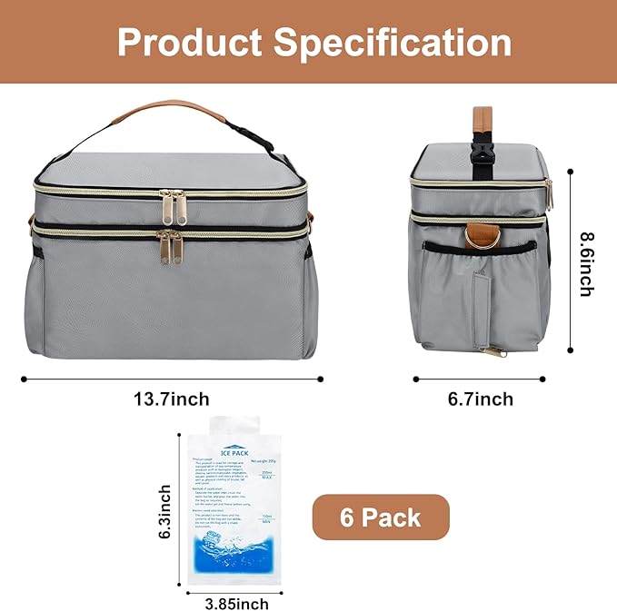 Breastmilk Cooler Bag with 6 Ice Pack, Wearable Breast Pump Bag Compatible with Willow, Elvie, Medela & Momcozy M5/S12 Pro Pumps & Accessories for Work, Travel and Family Use Grey