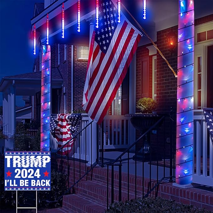 Kwaiffeo 4th of July Decorations Outdoor, Red White Blue Meteor Shower Lights for Independence National Memorial Day, Patriotic Flag Lights, 8 Tubes