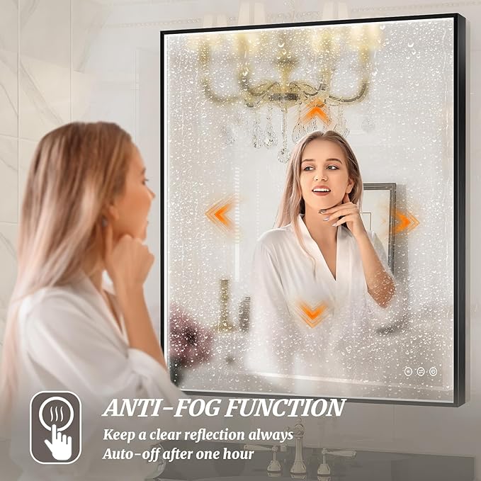 30x36 Inch LED Bathroom Mirror, Black Metal Framed Lighted Mirror for Bathroom, Wall Mouted LED Vanity Mirror with Lights, 3 Colors and Stepless Dimmable, Anti-Fog, Memory