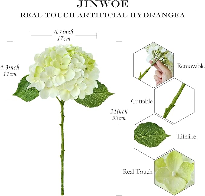 Hydrangea Artificial Flowers, Green/White 4Pcs 21” Latex Real Touch Flowers, Full Faux Silk Flowers Fake Artificial Hydrangeas with Stems for Bouquet Table Centerpieces Wedding Baby Showers