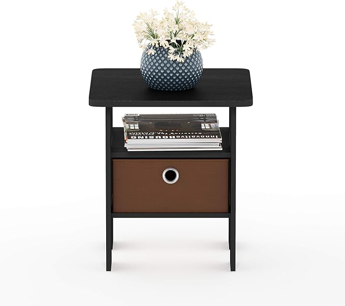 Furinno ANDREY Side Table, End Table, Night Stand with Open Shelves and Storage Bin, Bedside Table, for Living Room, Bedroom, Americano
