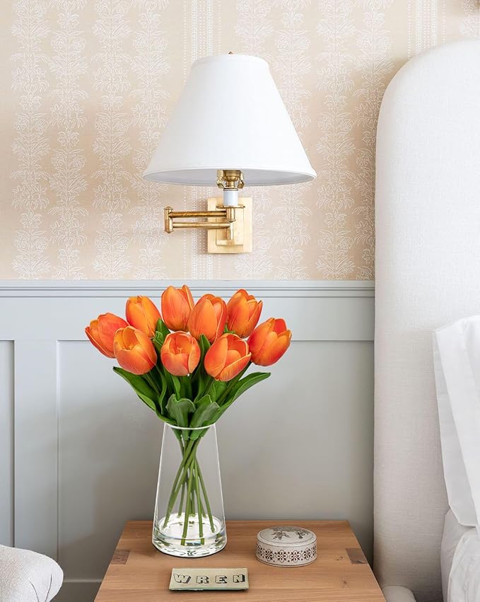 Fake Tulips Artificial Tulip Flowers in Glass Vase with Faux Water, 14.2" Real Touch Orange Tulip Flowers Décor for Table Centerpiece Home Farmhouse Resto Wedding Decoration
