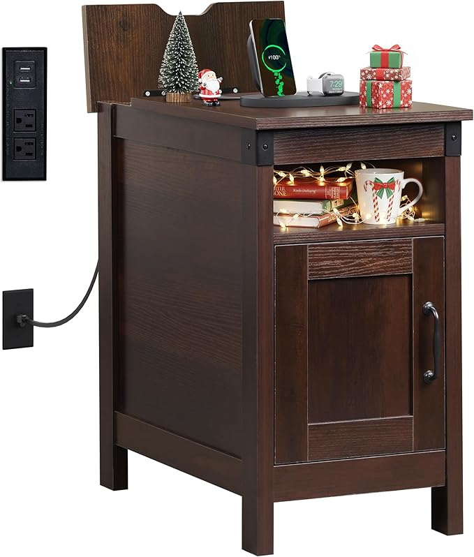WLIVE End Table with Charging Station, Narrow Side Table for Living Room, Farmhouse Night Stand with Storage, Small Wooden Cabinet with USB Ports and Outlets for Living Room and Bedroom, Espresso