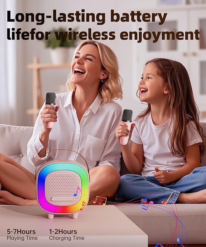 Mini Karaoke Machine Speaker for Kids Adults, Portable Bluetooth with 2 Wireless Microphones, Christmas Birthday Gift Ideas for Toys for Teens Boys and Girls Aged 4, 5, 6, 7, 8, 9, 10, 11, 12+