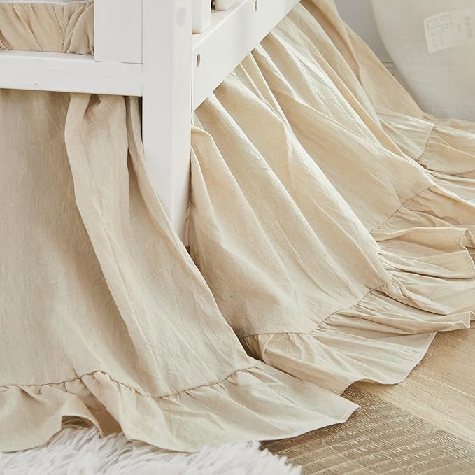 Brandream Gender Neutral Boho Bohemian Baby Girl Boy Nursery Crib Bedding Set 3 Pieces Solid Beige Farmhouse Chic Ruffle Unisex Cozy 100% Washed Cotton