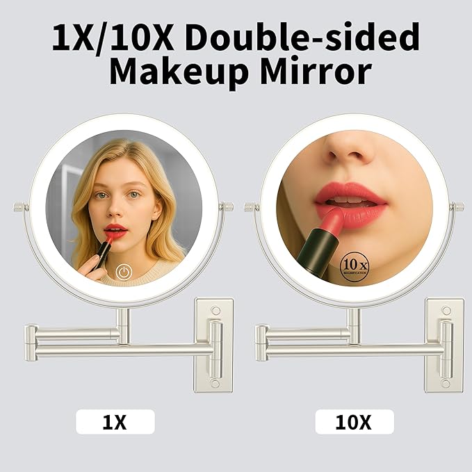 Rechargeable Lighted Makeup Mirror, 10x Magnifying Mirror, 3 Color Lights, Touch Screen Dimming, 360° Extendable Arm Wall Mounted Mirror for Bathroom Shaving (Brushed Nickel)