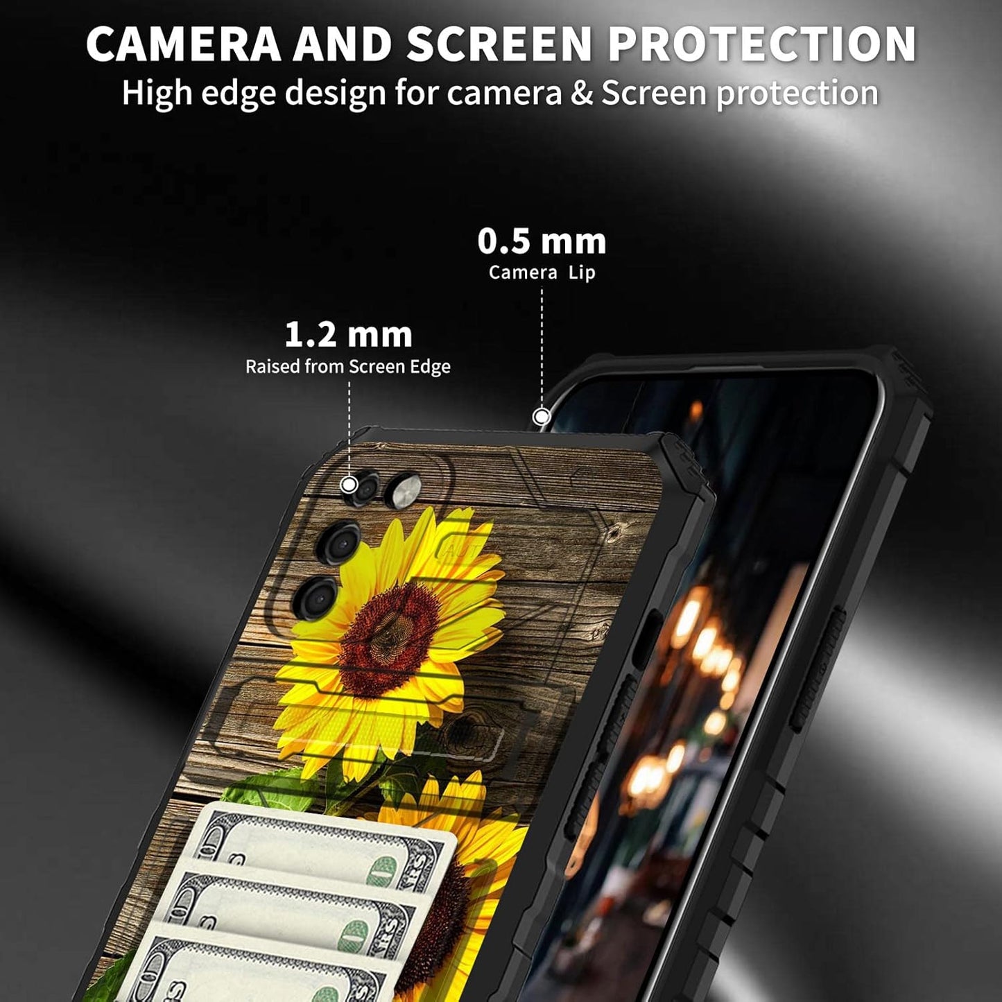 Samsung Galaxy A03s Case with Detachable Card Holder Slot, Heavy Duty Shockproof Cover, Sunflower Plank