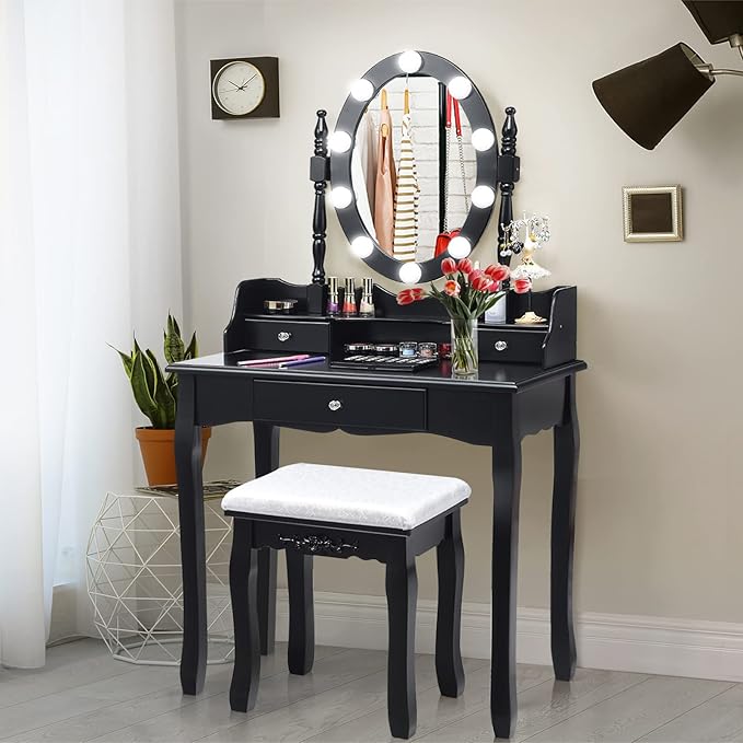 CHARMAID Girls Makeup Vanity Desk with Lights, Vanity Table with Lighted Mirror, 3 Lighting Modes, Adjustable Brightness, Modern Makeup Table with 3 Drawers and Stool for Small Space (Black)