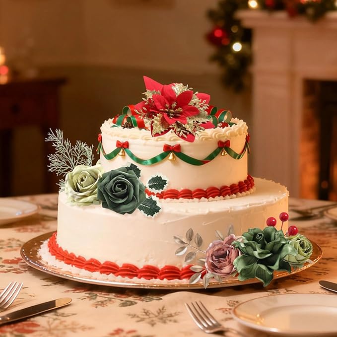 Artificial Christmas Flowers Set with Poinsettia, Fake Roses, Greenery Leaves & Stems for DIY Christmas Decor - Wreath, Tree Ornaments, Wedding Bouquets, Centerpieces, Home Floral Arrangement