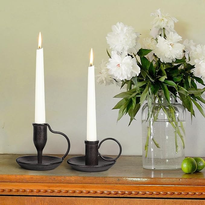 Matte Black Iron Candle Holder with Handle 2 Pcs Taper Candle Sticks Holder Decor Farmhouse Candlestick Holders for Home Wedding Party Dinning Table Centerpiece
