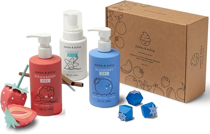 Dabble & Dollop USA Bundle, 3-in-1 Natural Bubble Bath, Body Wash & Shampoo for Kids, USA-Made, Paraben & Sulfate Free, Vegan, Tear-Free, Strawberry, Vanilla & Blueberry (Set of 3)