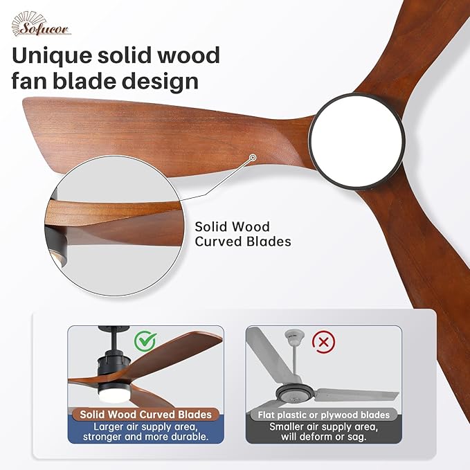 Sofucor Ceiling Fans With Lights, 60 Inch Solid Wood Ceiling Fan With Light and Remote, Indoor/Outdoor Ceiling Fans with Light, Reversible DC Motor, 3 Blade Modern Ceiling Fan Light for Bedroom Patio
