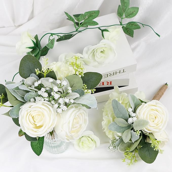 SEMONONIA Wedding Bridesmaid Bouquet Flower 1 Pack - Ivory White Artificial Flowers Bouquet Rustic Small Floral Centerpieces for Marriage Proposal Party Anniversary Dining Table Decorations -7inch