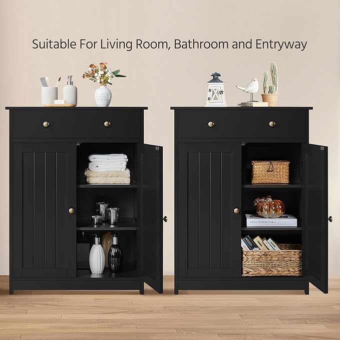 Yaheetech Bathroom Storage Cabinet with 1 Drawer and 2 Doors, Bathroom Floor Cabinet with Adjustable Shelf, Wooden Storage Units for Living Room, Entryway, Small Space, Black